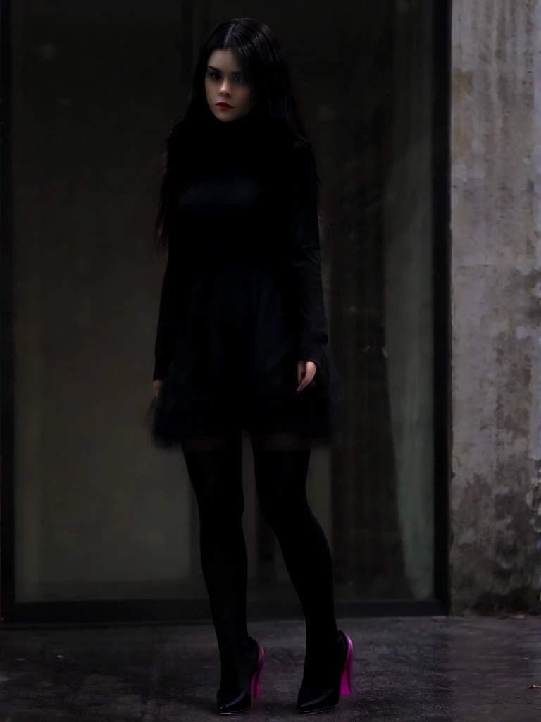 hyper realistic photography of a beautiful Cute European Girl wearing black dress and pantyhose tights and pink high-heeled shoes, town, long black hair, volumetric lightning, good contrast 