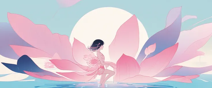 vector，Flat form，illustration，The Minimalists，数字艺术illustration，Pink hue，Abstract，artistic conception，Blooming，A little girl kneeling on the water（Right side of the screen），dancer；Pink clothing；Pretty Face，Black Hair，Hairpin；Lotus pond，Lotus decorative corn...