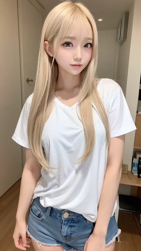 1 Girl、blue sky、明るくてとてもbeautiful顔、young, Shiny white skin、Best Looks、Blonde hair that reflects the light brilliantly、光沢のあるbeautifulブロンドの髪を持つ、Very straight hair、Long bangs、非常にbeautiful17歳、beautiful、Adorable、beautiful女の子、Shorts