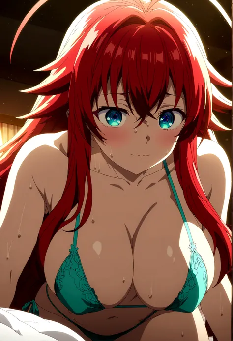 masterpiece, best quality, 1girl, long hair, looking at viewer, horny face, cute, black , indoors, on bed, crawling towards camera, large breasts, curvy, (((blue eyes))),  rias gremory, red hair, antenna hair,  wavy hair, ((beautiful detailed eyes, beautif...