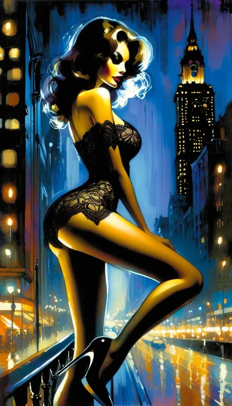 sexy девушка и city lights, night, lace dress ( art, inspired by Bill Sienkiewicz, Oil painting) beautiful slim thin figure, big breasts, seductive, Vulgar, erotic pose, sexy, heels on a high platform, stockings, Beautiful lingerie, sexy pose, arched, city...