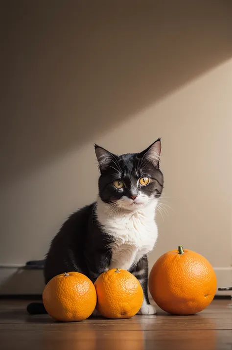 Sad and crying cat next to an orange