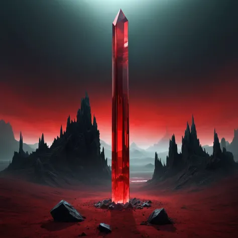 ，Giant tall and thin blood crystal column，Minimalist surreal landscape，Doomsday atmosphere