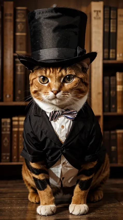 a cute fat orange cat wearing a top hat and monocle, score_9, score_8_up, score_7_up, score_6_up, score_5_up, score_4_up,UHD, 
adorable cat-like creature big eyes, Victorian, smart, library, monocle