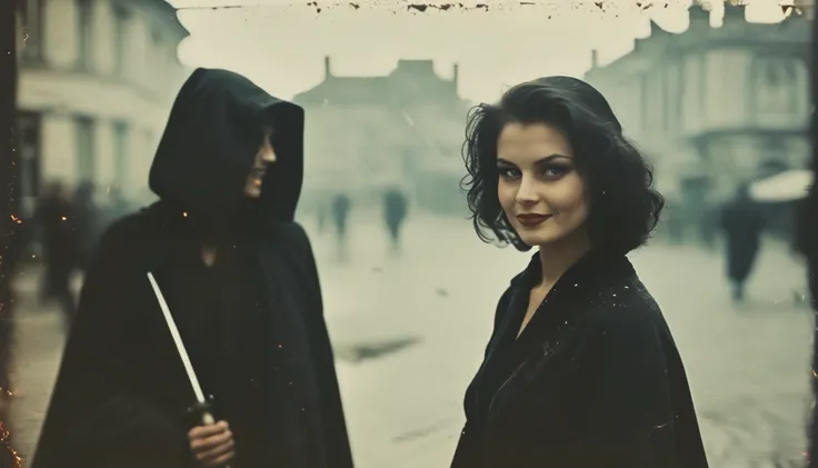 35mm vintage street photo of a beautiful lady, wearing black cloak,holding a scythe , evil smile, bokeh, professional