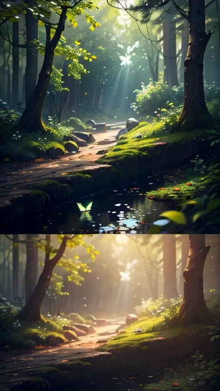 A masterpiece, the best quality, stunning reflections, the best reflections ever. (very detailed CG unity 8k wallpapers), (best quality), (best illustrations), (best shadows), forest theme with natural elements. Tall trees, quiet streams, small glowing mus...