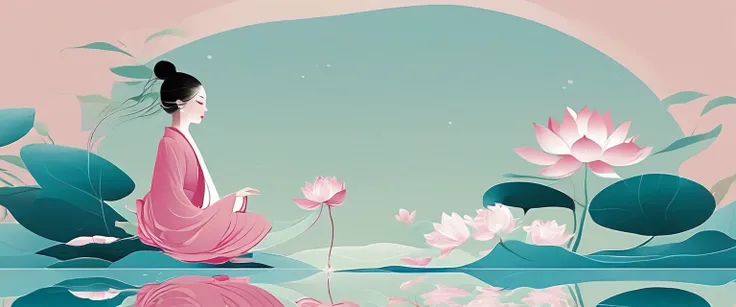 vector，Flat form，illustration，The Minimalists，数字艺术illustration，Pink hue，Abstract，artistic conception，Blooming，A little girl kneeling on the water（Right side of the screen），dancer；Pink clothing；Pretty Face，Black Hair，Hairpin；Lotus pond，Lotus decorative corn...