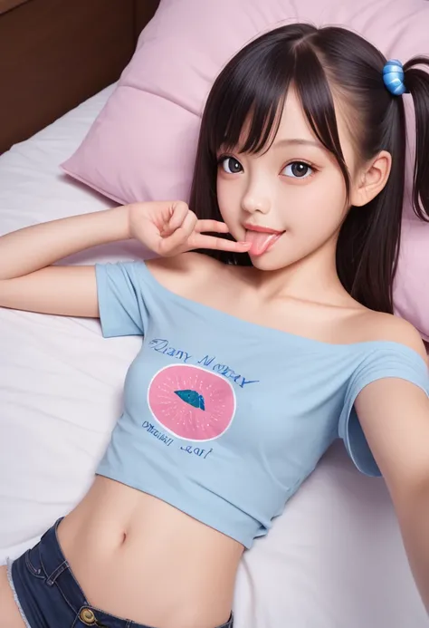 ollarbone,pastel colors t-shirt,off-shoulder look,bare shoulder,midriff peek,micro shorts,open mouth,(tongue out:2),lying,Selfie,looking ahead,from above,front view,upper body,(1girl,Beautiful 14 year old girl),((Slender,Small breasts,Small face,)),looking...