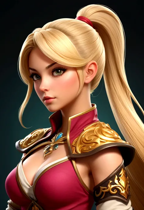 Create a gorgeous female character from summoners wars game, Elia from summoners wars. Blonde ponytail hair. Full body side view image. Render in a high-definition graphic art style with sharp detail. Full lips. Use bright vibrant colours and realistic gre...