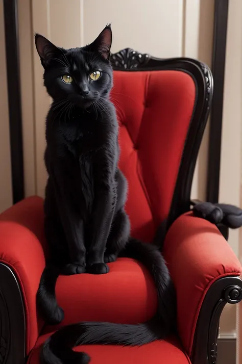 Create a black cat with black hair, sitting in an elegant red armchair 