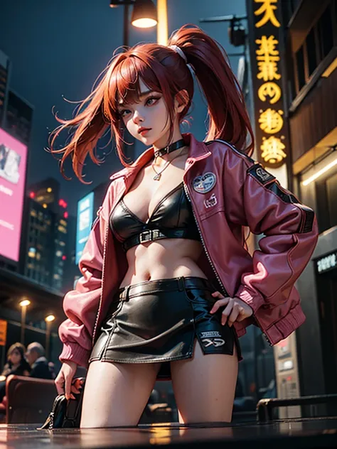 score_9, score_8_up, score_7_up,score_6_up, score_5_up, score_4_up , 1girl, solo, large breasts, shermieDG, split ponytail, long hair, bangs, hair over eyes,red hair, miniskirt, jacket, pink jacket, choker,cropped jacket, city, night, neon lights, rain, fr...