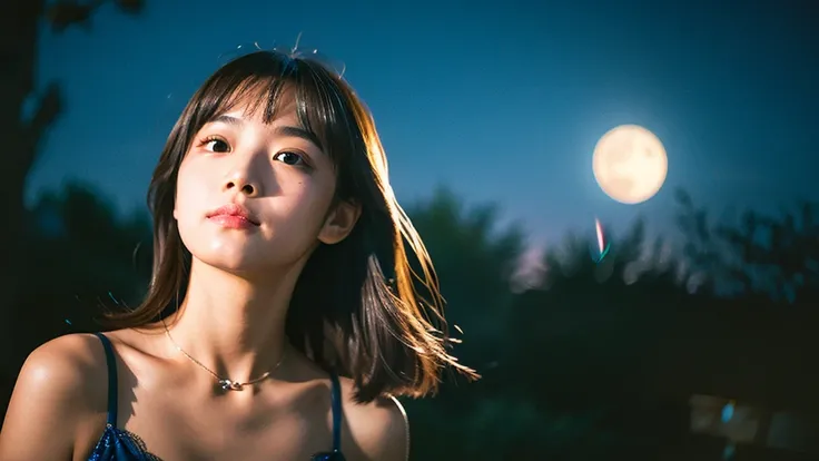 A very cute face like an idol、Looks like a young face、20-year-old female、Gentle and cute、Cleavage、Beautiful moon and starry night、Looking up at the night sky、Moonlight only、leica 50 mm prime lens, cinestill 800T film,、RAW Photos、Genuine、live-action、（Romant...