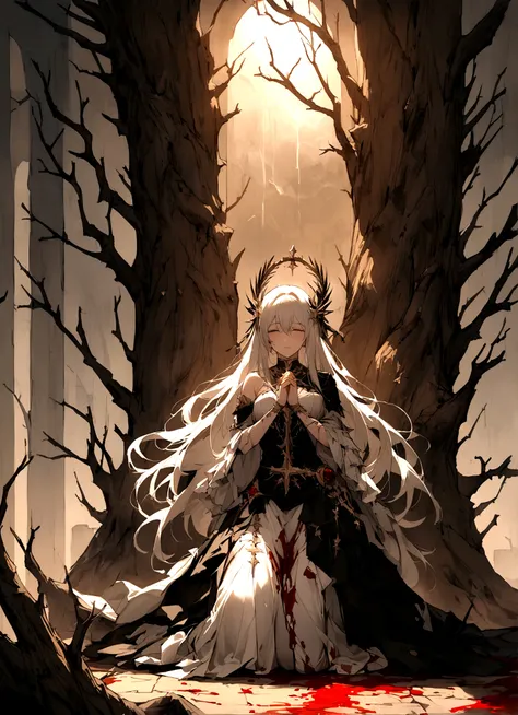 God&#39;s son，befall，(The background is the decaying earth,Dead Tree)，Kneeling on the ground，pray，cry，Tears，Long hair，（Damaged clothing），Divine Light，White feather，Blood，The light of redemption