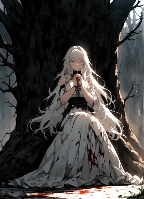 God&#39;s son，befall，(The background is the decaying earth,Dead Tree)，Kneeling on the ground，pray，cry，Tears，Long hair，（Damaged clothing），Divine Light，White feather，Blood，The light of redemption