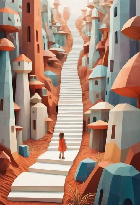 1. Little Girl，Located in Monument Valley，Magic Castle Maze， Finding lost treasure，Geometric space，Unordered regular three-dimensional pattern，Totem poles，Tall monument，Intricate staircase,rest abstract style,branches,eyeball,coral, rest (Abstract Cubism:1...