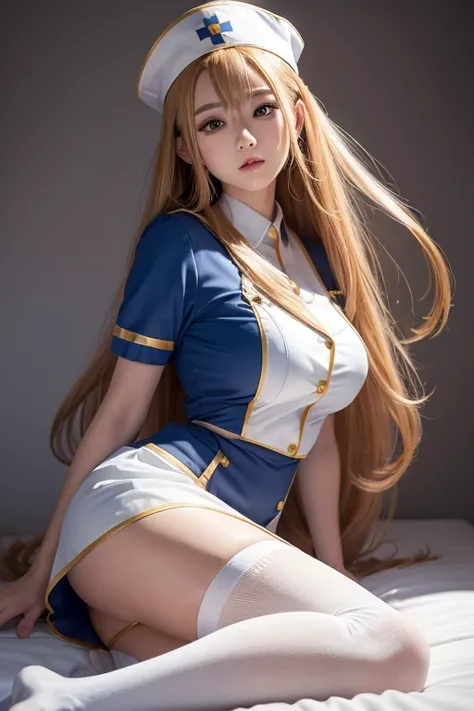 Golden nurse uniform,humongous breats,extremely long hair,knee long socks,miniskirt 
