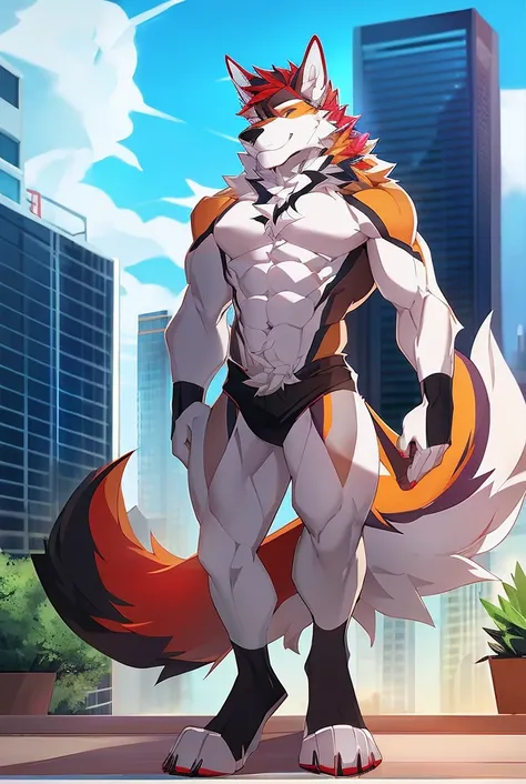 ((Solo)), male people, anthro wolf, (Multi-colored fur, White tail pointed), (Height 3meters,Tail length 2meters), Abs, pinginuscular, A long big tail, by patto, modern city