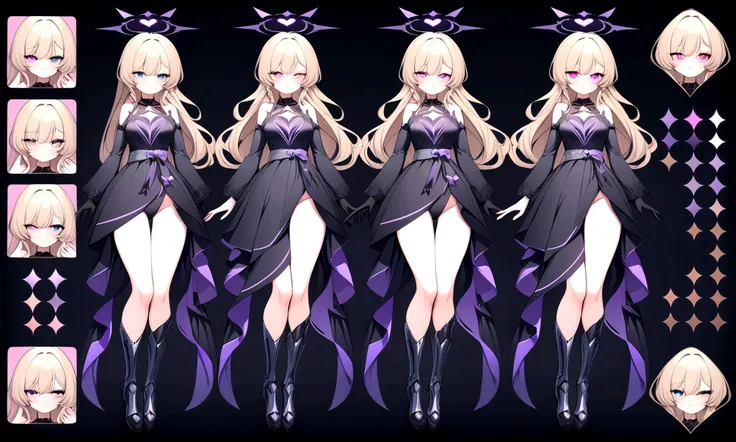 woman 170 cm tall. (character design sheet: front view). Dark blonde long hair, slim build. wavy hair with hip length curls, has a short central tuft, She has a short braid on the left side over her chest with a purple bow, She has a short braid on the rig...