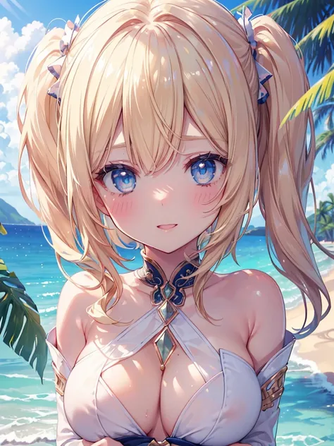 High resolution, A face with attention to detail, ((One Girl))、((cute))、Big smile、Blushing、Open your mouth、Blonde、Twin tails、Ultra detailed face、Very fine eye、Ultra detailed hair、Beautiful beaches、Palm tree、Bright sunlight、Beautiful blue sky, Movie angle, ...