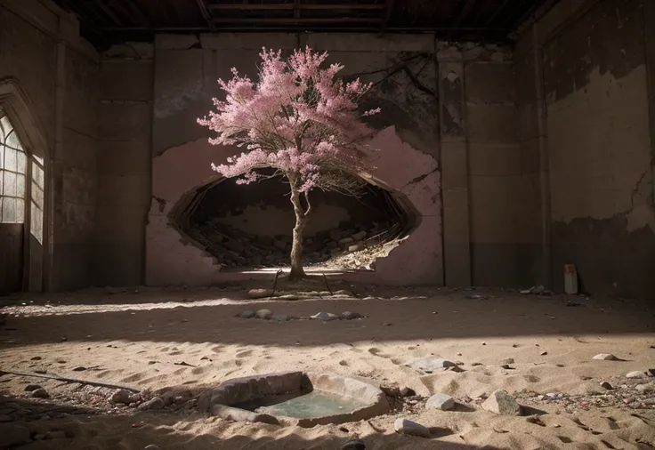 A stunning pink tree on the beach rocks, Realistic lighting style, channel, Art inspired by faith, abandoned space, Well-lit scenes, immersive environment, Floral and natural patterns--ar 1  