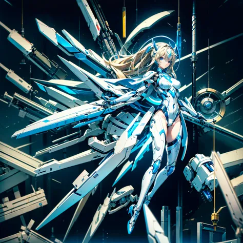 masterpiece, high quality, Inside the Institute of Mechanization、I am a cyborg girl with long, straight blonde hair.、On the operating table during remodeling surgery、The mechanical body has been turned into a cyborg、Blue and White Leotard Machine、A body wi...