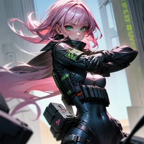 an 18 year old woman,with half black and pink hair,white skin and green eyes,with average bust wearing black clothes and a bulletproof vest, in the background behind an apartment, well drawn arms and body