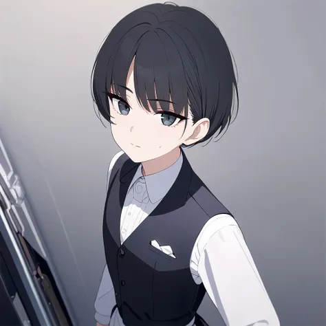 1 boy, black hair, short hair, detailed hair, black eyes, detailed eyes, looking at viewer, standing, black vest, white dress shirt, long sleeves, no smile, simple background, solo, ((( ultra detailed))), (((best quality))), ((masterpiece))