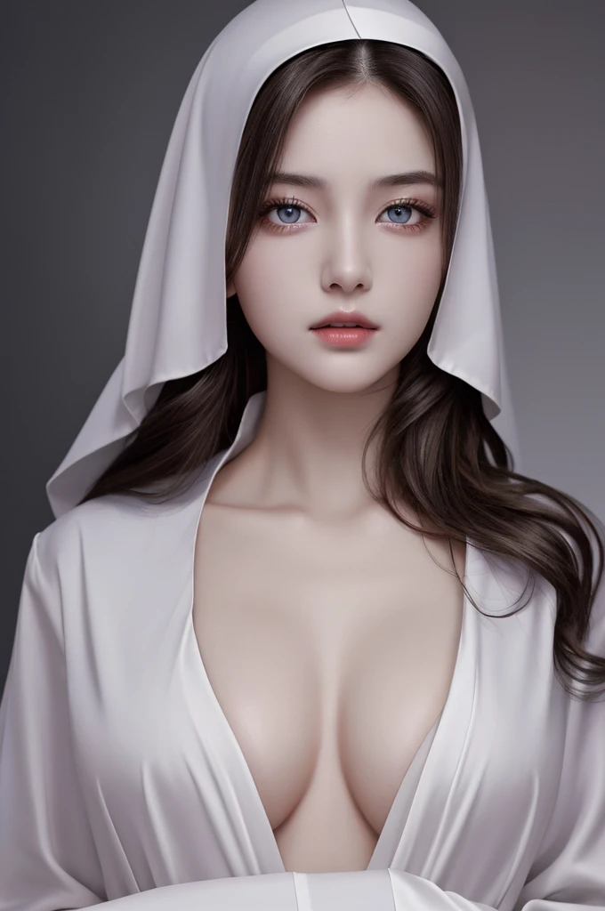 Highest quality、masterpiece、Ultra-high resolution、(Real Photo:1.37) 、Raw photo、1girl、Long Hair、Beautiful Eyes、Beautiful Face、Detailed eyes and face、Nun Gown、Dynamic Lighting、In the Dark、Deep Shadow、Low Key、nsfw、 full body shot,