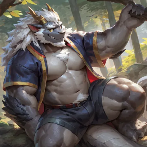 (artist: gamma_g, lindong, null-ghost, dangpa) 1male, sfw, eastern dragon, , bara, one fluffy tail, old man, fluffy mane, , grey body, white hair, background, dark shadows, solo, scales, detailed scales, golden decals, casual clothes, branch horns, sharp s...