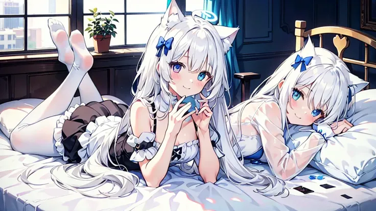 Maid costume，girl，White pantyhose，White hair，Long hair，Cat ear，Heterochromia blue-yellow，Smile，Female face，There are bright spots in the eyes，White little hands，Normal fingers，flat chest，Blue Halo，2 people，Lying in bed