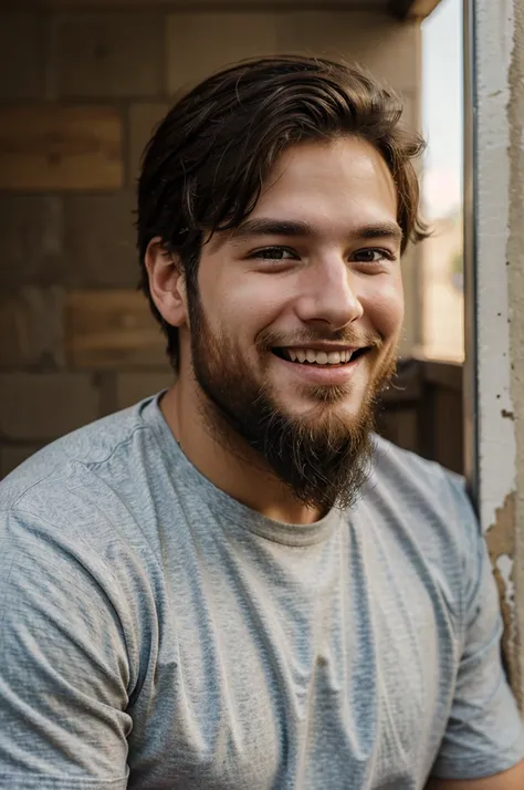 Cute 24 year old boy with beard smiling 