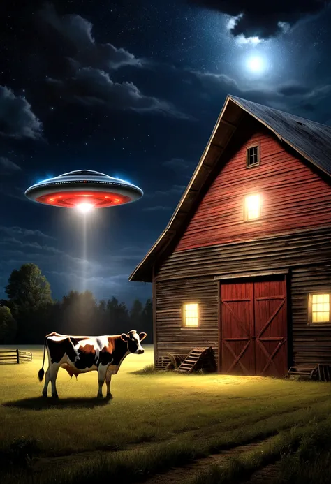 In the enigmatic night setting, a sleek, metallic UFO resembling a flying saucer hovers with an ominous presence above a lone cow standing in front of a rustic barn. A powerful spotlight cuts through the darkness, illuminating the cow in an intense beam. T...