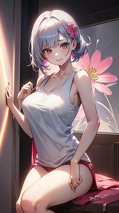 smile、Red cheeks、Official Art, masterpiece, Highest quality,One girl, JK,Tank top(silver, metallic, ) 8K,High resolution, ( flower_Styler:1.2)(Rainbow Candy:1.2),(Excellent rendering, Stand out in the same class), (Amazing details, Excellent lighting, Wide...