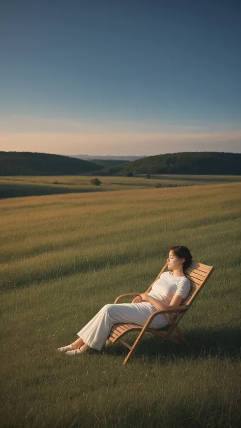 realistic,score_9, score_8_up, score_7_up,
 serene landscape, tall grass, swaying gently, vast fields, woman, seated, wooden chair, arms resting back, head tilted upwards, sunbathing, soft breeze, dynamic, lively feel, tranquility, relaxation.