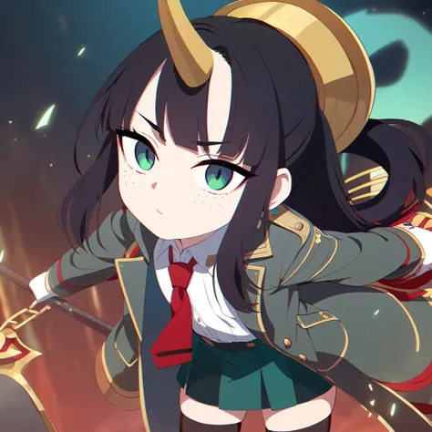 A girl in the Boku no hero style, gray uniform with a white blouse underneath with a red tie on the sleeve, two green stripes and the coat fastened with gold buttons,
At the bottom, a dark green skirt and knee-length stockings. The girl has black hair with...