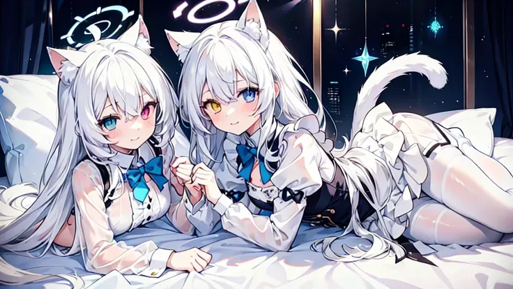 Maid costume，girl，White pantyhose，White hair，Long hair，Cat ear，Heterochromia blue-yellow，Smile，Female face，There are bright spots in the eyes，White little hands，Normal fingers，flat chest，Blue Halo，2 people，Lying in bed