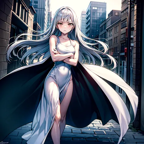 ((((solo)))), beautiful, pale skin, Girl, serious face, golden eyes, long silver hair, straight bangs, white summer dress, front, crossed arms, street, city, standing, wind