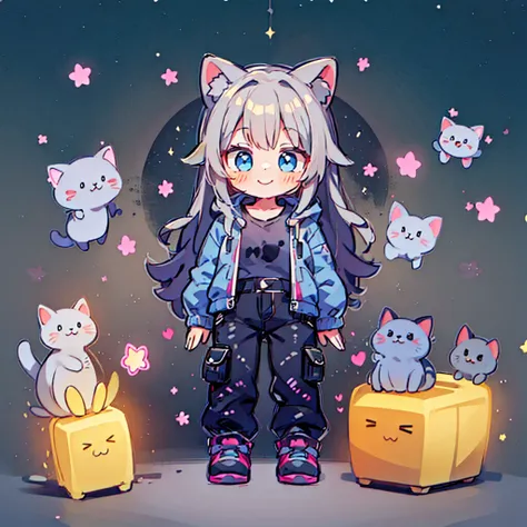 ((Highest quality，masterpiece，Extremely complex and exquisite details，A short girl with gray and blue cat ears and long hair is in the center，Gray blue super long straight hair，Curly hair at the ends，Sparse air bangs，Gray and pink T-shirt with xJ lettering...