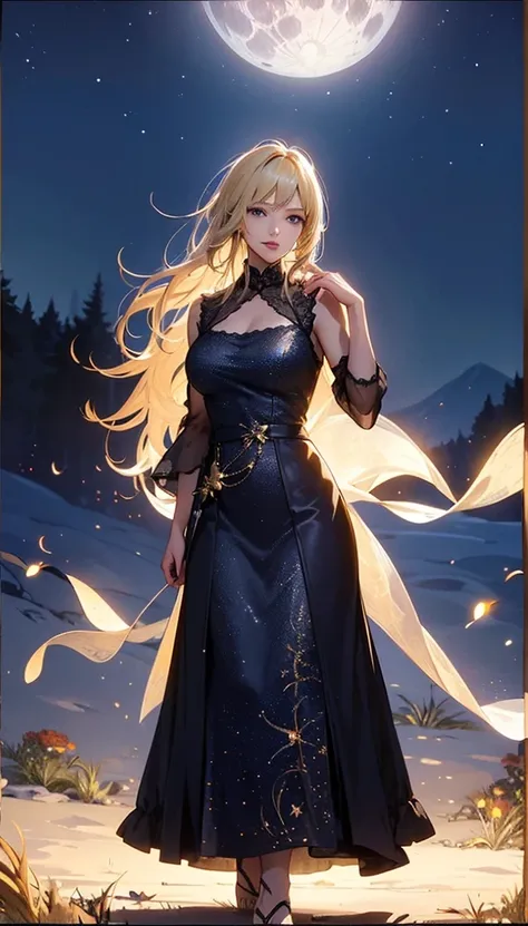 masterpiece, high quality, 4K, Beautiful design, silhouette，blonde， 非常に詳細な夜のStarry Sky,Flower Field， wonderful, Finer details,  Very knowledgeable woman, Highly detailed solo, 1 female,Big Breasts， dress，Night view，Starry Sky，full moon，