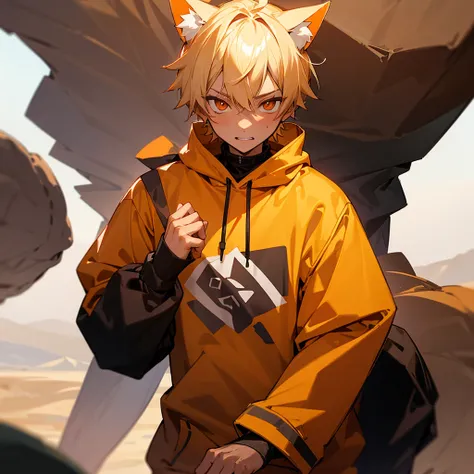  boy with flirtatious expression with orange eyes, Almost white blonde hair. middle adult teenager. BROWN SKIN. He is in a desert wearing a hoodie with cat ears, the sweatshirt is black. has a mischievous face. that only his face can be seen. May it only b...