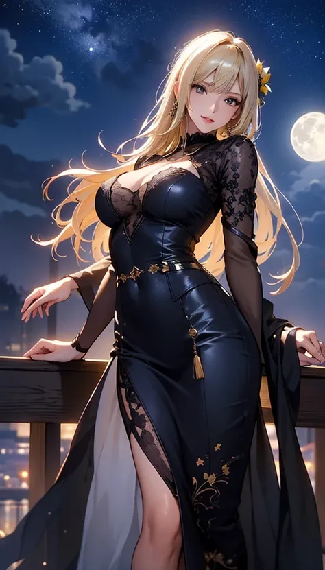 masterpiece, high quality, 4K, Beautiful design, silhouette，blonde， 非常に詳細な夜のStarry Sky,Flower Field， wonderful, Finer details,  Very knowledgeable woman, Highly detailed solo, 1 female,Big Breasts， dress，Night view，Starry Sky，full moon，