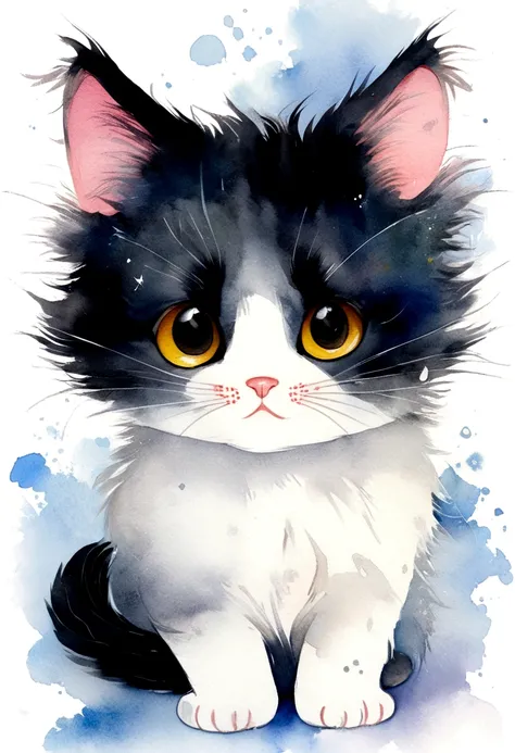 cute, Cat, White Background, Stylized, chibi,  Fluffy fur, watercolor, 和Cat, 黒Cat, 子Cat, One