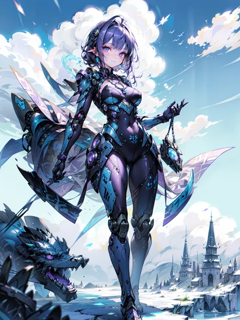 Cute adult girl standing ,Girl Focus, [full body 鎧], Organic Armor Cyborg、Machinery Armor、((blue sky、Cloud Background)),  poker face, still、(One Girl:1.3), bangs,necklace , （Snow White&#39;s Armor), Very detailedな, Crystal purple eyes,thin, Technology of W...