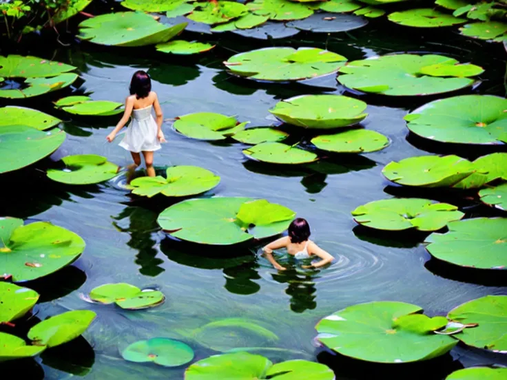 Dark, moody portrait photograph featuring a woman partially submerged in water surrounded by large green lily pads. The subject has pale skin, dark hair slicked back, and striking facial features with a serious expression. She is wearing a light, flowing, ...