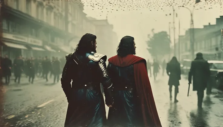 35mm vintage street photo of Thor and Loki walking in the street, bokeh, professional