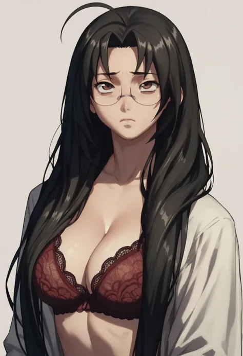 kaku bunwa, long hair, black hair, glasses, ahoge, brown eyes, breasts, large breasts，T-back，Lace bra，roll her eye，Keep her mouth open，high quality