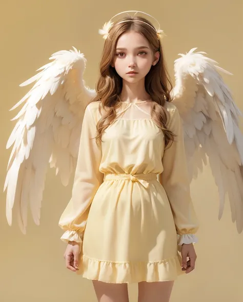 Cute girl angel　Light yellow clothes　plumage is white　Full Body Shot　Looking straight at the camera