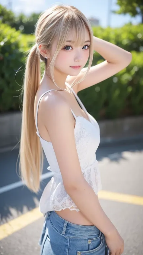 1 Girl、blue sky、明るくてとてもbeautiful顔、young, Shiny white skin、Best Looks、Blonde hair that reflects the light brilliantly、光沢のあるbeautifulブロンドの髪を持つ、High Ponytail、Long bangs、非常にbeautiful17歳、beautiful、Adorable、beautiful女の子、ummer