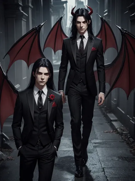 a male vampire, pale, dragon wings, heart tipped demon tail, high quality, great resolution, serious look, Red eyes, medium horns, long black hair, count suit