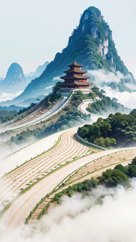 The famous Yandang Mountain，There are flowers and trees nearby，So majestic，So spectacular!，Chinese Ink Painting，Zhang Daqian style，traditional Chinese painting，Lots of white space，Rice background，Soft colors，Improved color matching，Master award-winning wor...